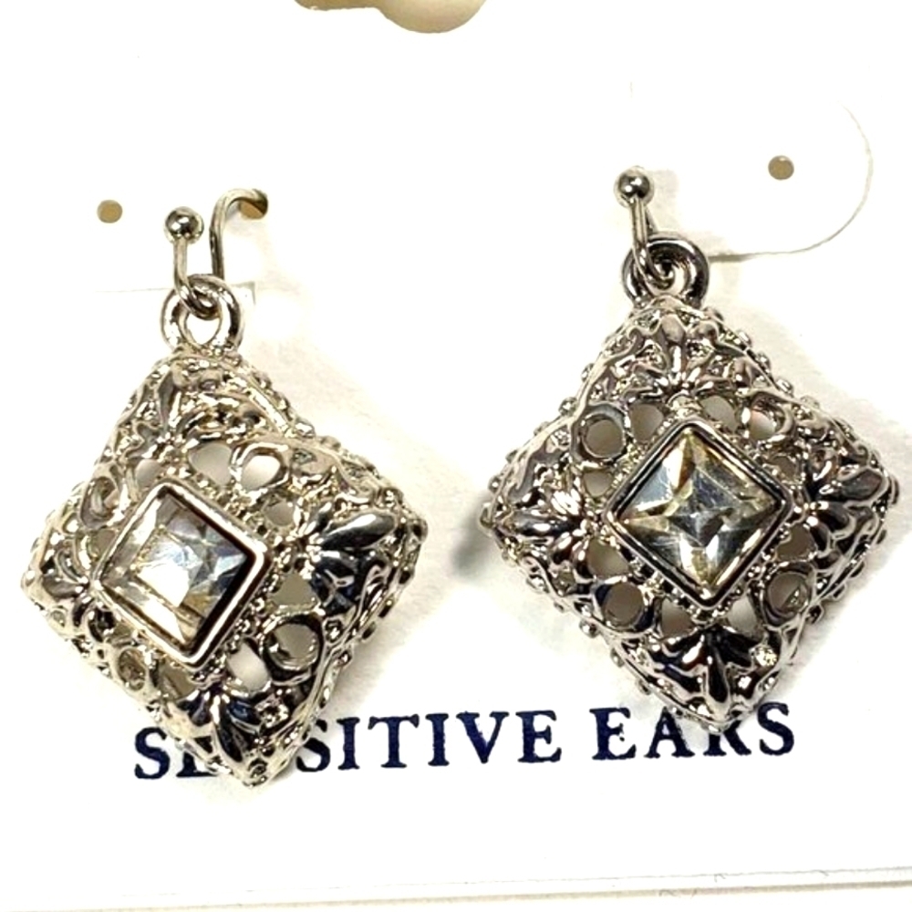 Croft & Barrow Silver Tone Filigree Square Shape Crystal Earrings 2/$30 Jewelry